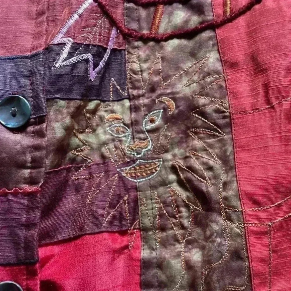 Indigo Moon Patcgwork Lion stitching Ling Sleeve Jacket Size Small Oversized Red - Picture 10 of 16